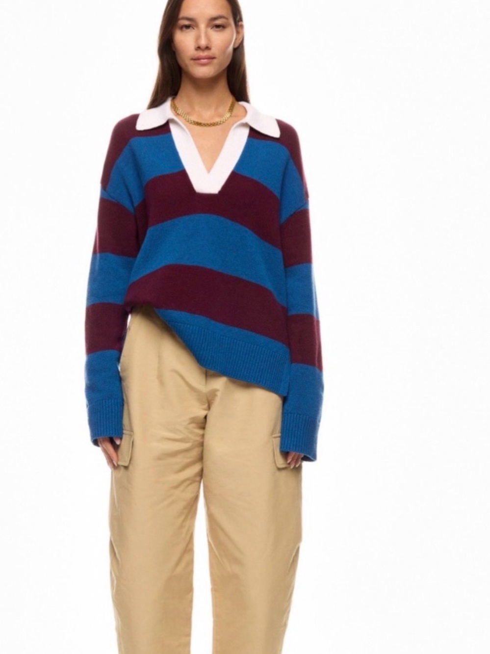 Rails Blue and Burgundy Striped V-Neck Rugby Sweater with White Collar